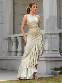 LOVE&LEMONADE One Shoulder Asymmetric Ruffle Hem Pleated Dress - Gold - View 6
