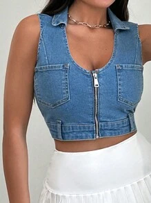 EURMUSE Women's Collared Sleeveless Denim Vest With Zipper Front - Blue - View 4