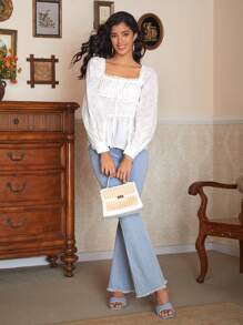 Jolleen Designer Boho Bohemian Women's Business Casual White Drawstring Peplum Hem Top, Holiday, Vacation, Festival, Office - White - View 5