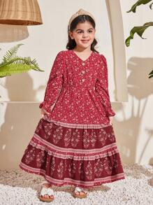 SHEIN Young Girl Loose Vacation Style Plant Printed Dress With Ruffled Sleeves And V-Neck - Burgundy - View 4