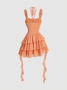 SHEIN MOD Asymmetric Layered Hem Chiffon Dress With 3d Floral Details,Cute Summer Dresses,Sundress Short - Coffee Brown - View 2