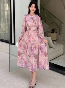 DAZY 女式花卉图案长袖假日风格连衣裙、秋季连衣裙 - 淡紫色 - 查看 8