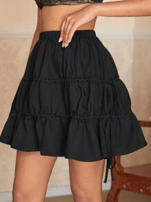 FUYUAN Designer Women's Fashionable Summer Black Elastic Waist Bowknot Skirt, Holiday, Party, Vacation, Beach, Festival, Ibiza Fits