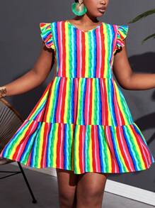 Slaydiva 女性大码彩虹条纹荷叶边罩袍连衣裙，骄傲月彩虹 - 彩色 - 查看 4