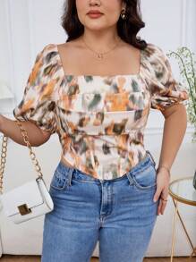 SHEIN Privé 夏季優雅浪漫的短袖襯衫，魚骨裝飾和流動的抽象花卉圖案，方領，適合大號女性 - 適合旅行和約會的完美穿搭 - 橘色 - 查看 5