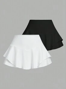 SHEIN PETITE 女士夏季荷叶边下摆短裙套装 - 彩色 - 查看 10