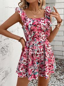 SHEIN Frenchy Bộ đồ Playsuit hở lưng in họa tiết cho nữ có viền xếp nếp và thắt nơ, áo liền quần đi biển mùa hè - Gỗ đỏ - Xem 5