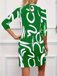 Women 3/4 Sleeve Patterned Printed Casual Midi Dress, Versatile For Commuting,Spring/Summer New Arrival - Green - View 2