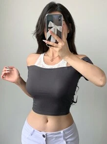 Dazy Designer Áo thun nữ phối ren lệch vai thiết kế quấn bất đối xứng - Xám - Xem 7