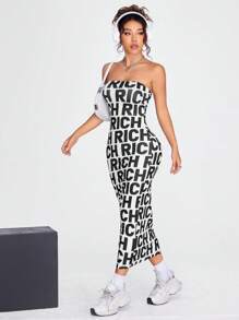 SHEIN Coolane Letter Graphic Tube Bodycon Dress - Black and White - View 5