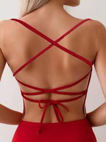 SHEIN Swim 女士蕾絲後繫無背心單件泳衣,新年款式 - 酒紅色 - 查看 3