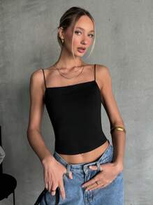 SHEIN EZwear Camiseta De Tirantes Corta Sin Espalda Y Ajustada Con Un Solo Color Para El Verano - Negro - Ver 2