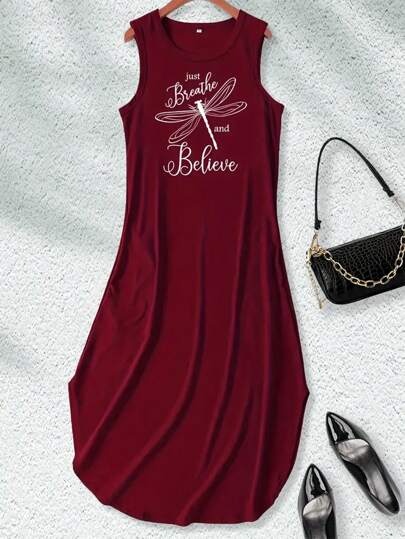 Summer Casual Loose Dragonfly & Letter Print Camisole Dress