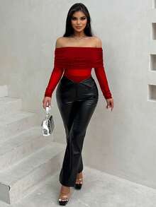 VaVaBold Quý cô Mùa Xuân Mùa hè Ruffle Off Shoulder Tay áo dài Áo liền quần chặt - Màu Đỏ Sâu - Xem 4