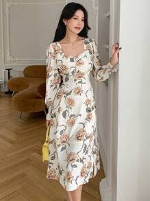 DAZY Damska sukienka z dekoltem w serduszko, rękawami typu latarnia, nadrukiem i elegancką, falbaną, jesienną sukienką na wakacje - Żółty - Zobacz 7