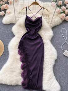 SHEIN Belle Kích thước lớn Ren Vá lại Váy Dây - Màu tím - Xem 1