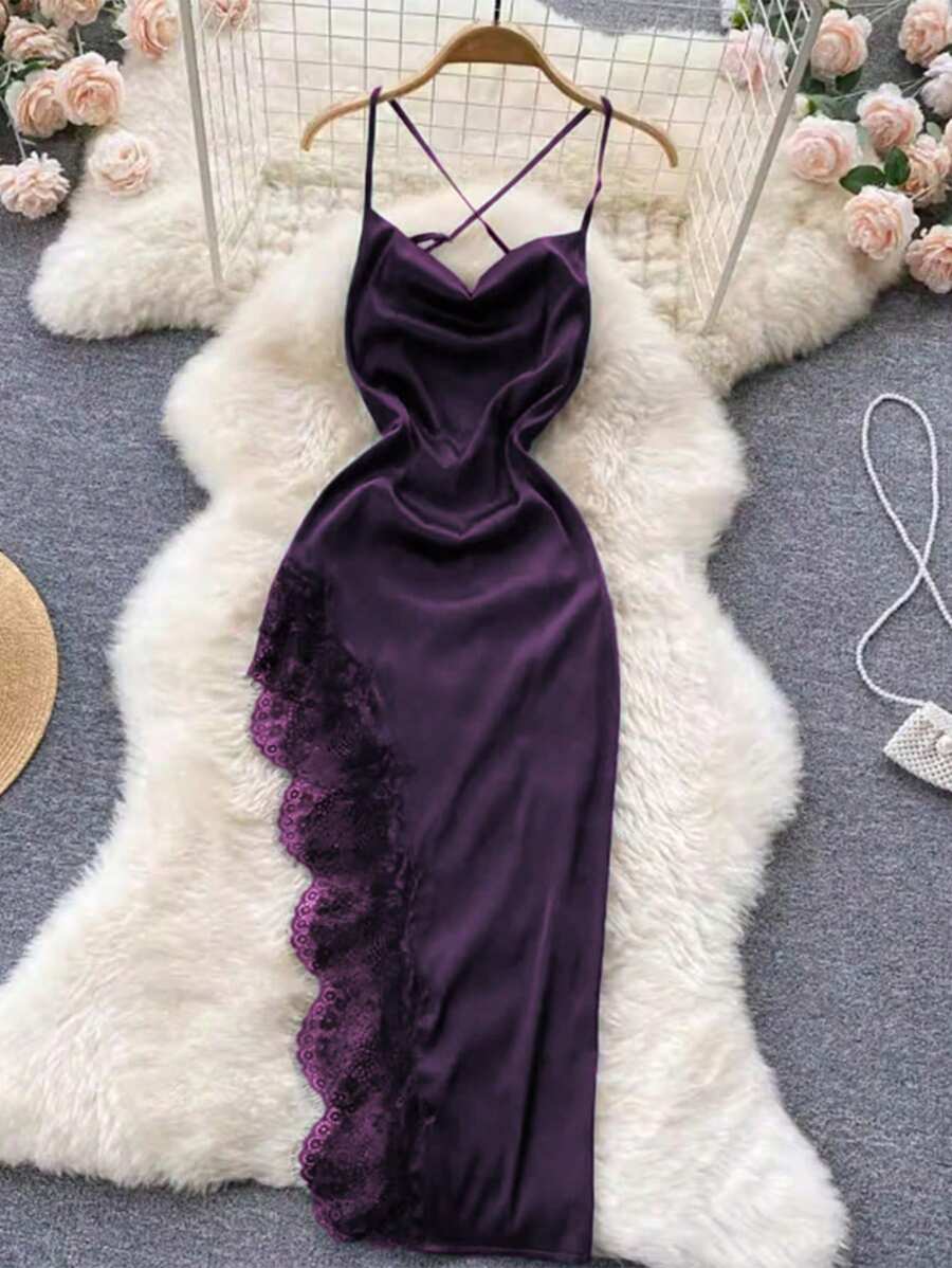 SHEIN Belle Kích thước lớn Ren Vá lại Váy Dây - Màu tím - Xem 1