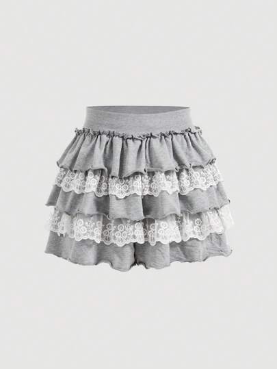 SHEIN MOD Summer Casual Knitted Shorts With Ruffle Trim And Lace Patchwork