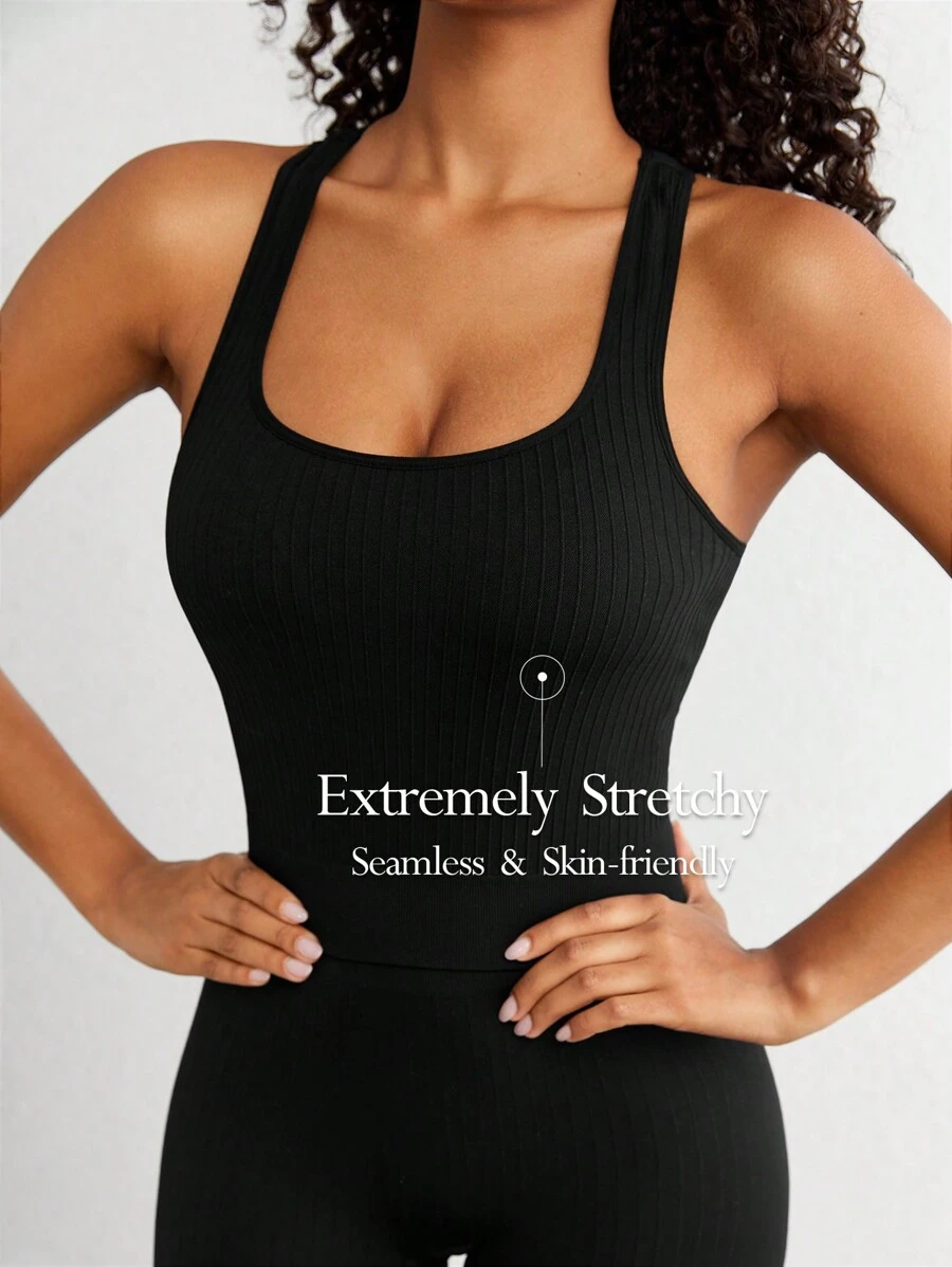 Ocili Leisure Extremely Stretchy Seamless & Skin-Friendly Non-Removable Padding Comfortable Solid Wide Rib Women Tops Black - Black - View 1