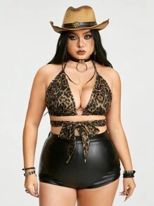 ROMWE Grunge Punk Plus Size Leopard Print Strappy Cami Top With Sexy Tie Design