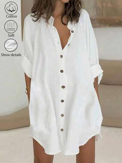 SHEIN LUNE Solid Color Textured Button Front Shirt Dress Fall Cloth For Women