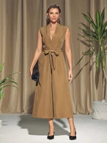 KES Mono de pierna ancha sin mangas con escote en V para mujer, para verano, vacaciones, festivales