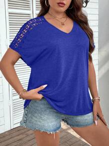 SHEIN LUNE Plus Size Solid Color Lace Insert Batwing Sleeve T-Shirt For Summer - Blue - View 6