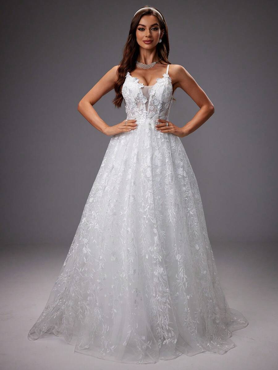 UNITHORSE Wunderschönes Hochzeitskleid mit Pailletten 3D Blumen Stickerei und Mesh Spaghettiträgern, komplett weißes Party-Outfit für Damen - Weiss - Übersicht 1