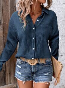 SHEIN LUNE Solid Drop Shoulder Pocket Patched Button Up Shirt,Long Sleeve Tops Fall Cloth For Women - Navy Blue - View 3