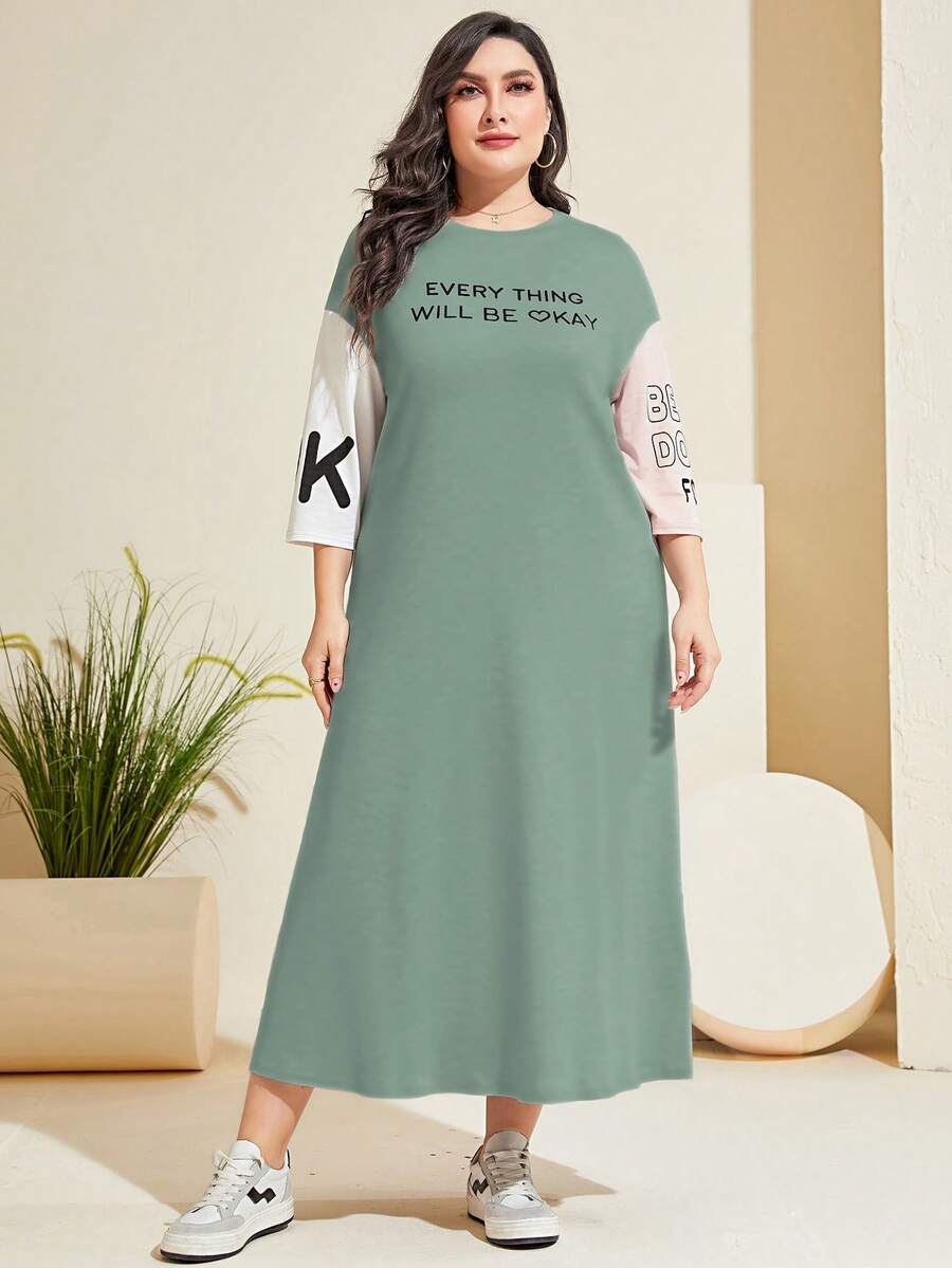 Mulvari Váy trễ vai in chữ Colorblock cỡ lớn - Màu xanh Bạc hà - Xem 1