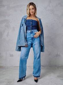 SHE(IN) BRASIL Nút phía trước Ống Tops Denim - Rửa tối - Xem 7