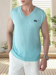 Manfinity Hypemode Nam Không tay Áo len vest Với Chữ cái Thêu - Màu xanh lam - Xem 5