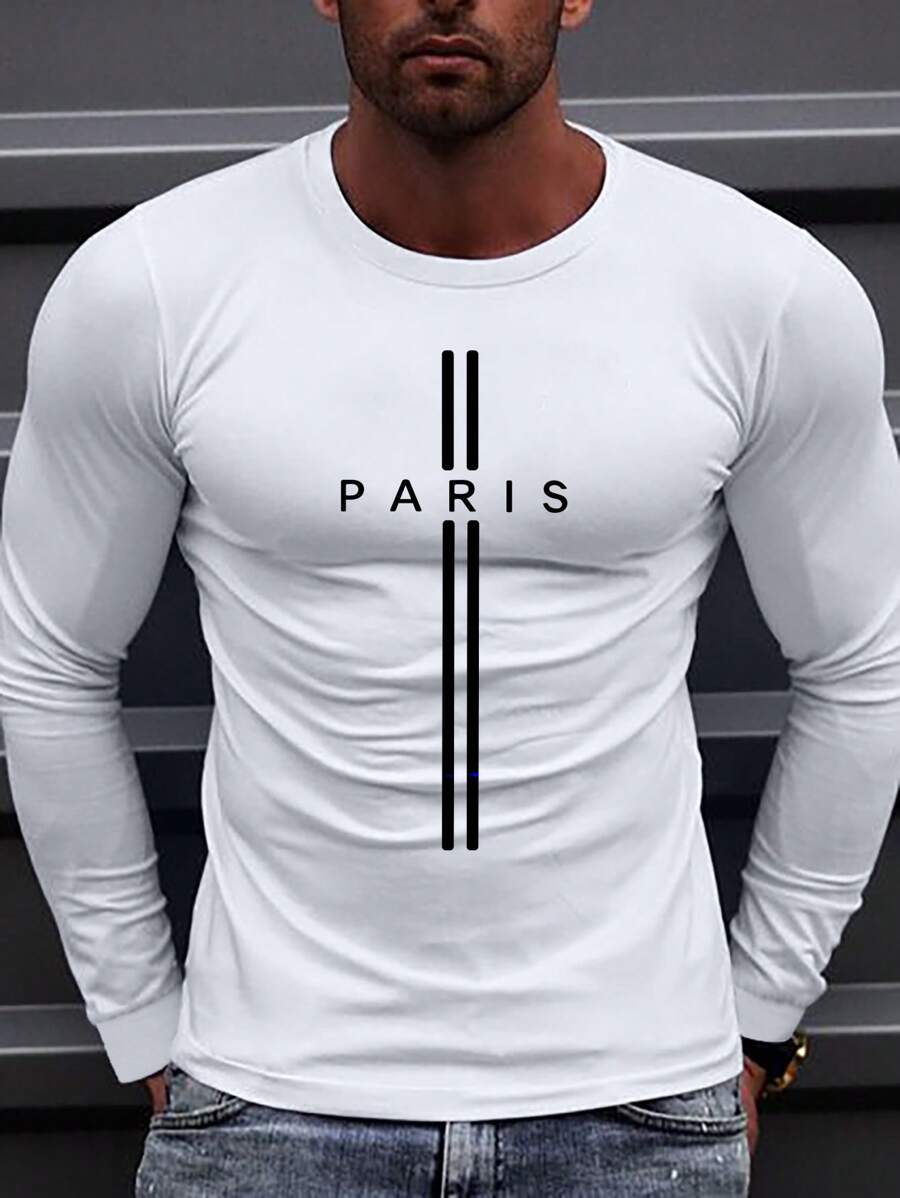 SHEIN Manfinity Homme Men's Round Neck Long Sleeve T-Shirt With Letter Print - White - View 1