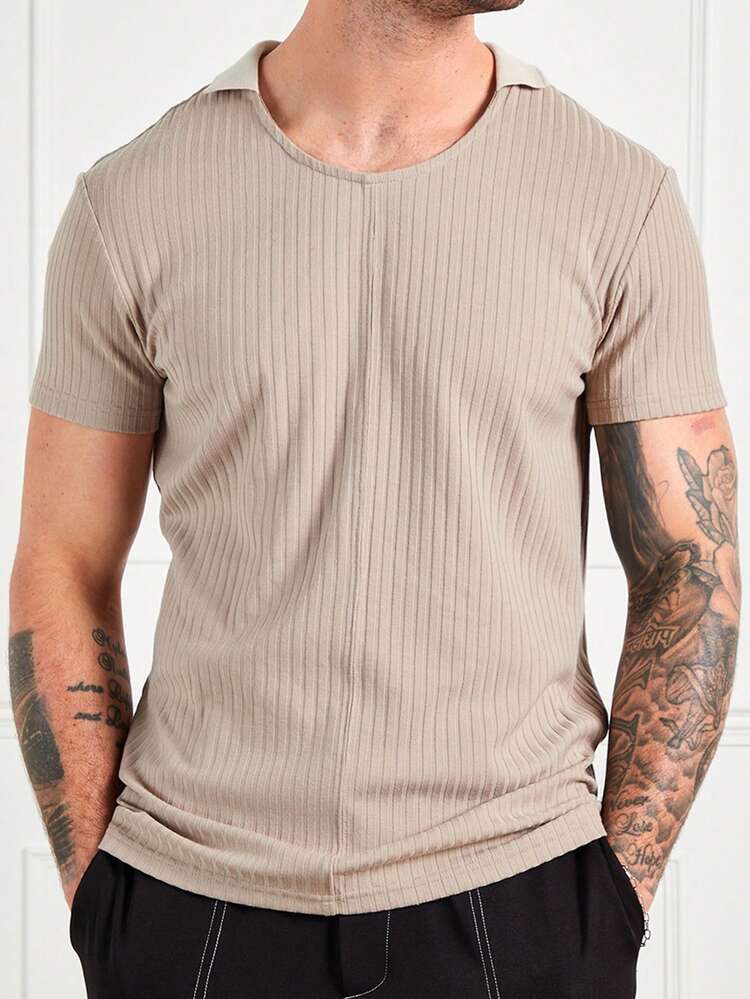 Men's Casual Slim Fit Khaki Lapel Knit Short Sleeve Polo