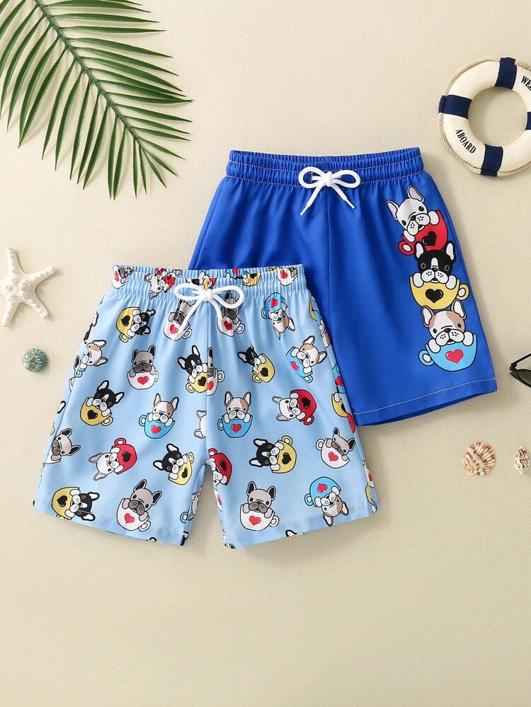 Young Boy Cute Cartoon Printed Drawstring Elastic Waist Shorts For Summer