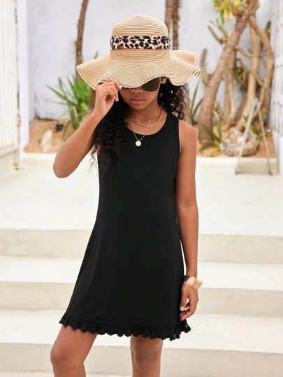 SHEIN Tween Girl's Everyday Casual Fringe Hem Knit Sleeveless Cover Up For Spring/Summer