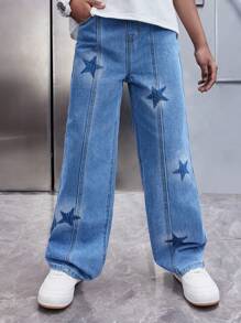 SHEIN Tween Boy Water-Washed Casual Fashionable Star Pattern Denim Pants - Blue - View 5