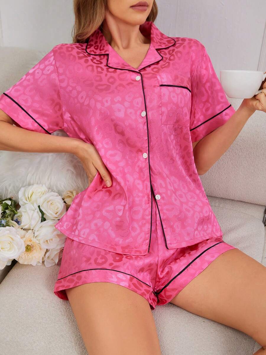 SHEIN Women's Brocade Leopard Print Pajama Set With Lapel, Top And Shorts - Hot Pink - View 1