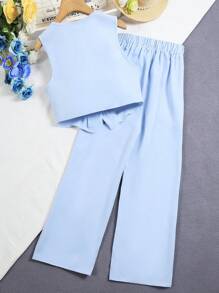 Conjunto de traje de chaqueta corta y pantalones largos para chicas adolescentes - Azul - Ver 2