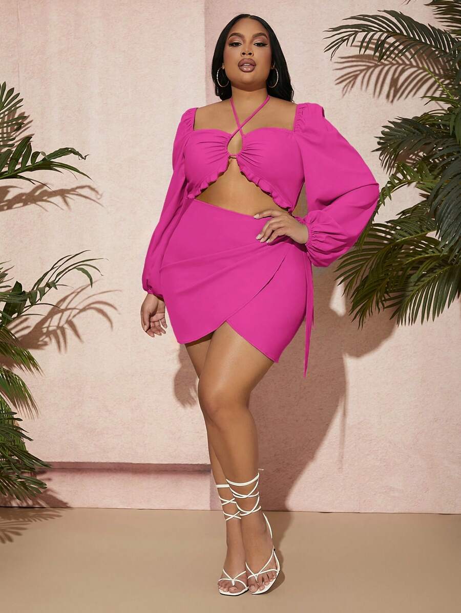 SHEIN SXY Plus Size Holiday Plain Wrap Waist Hollow Out Lantern Sleeve Dress With Knot Detail - Hot Pink - View 1