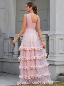 LOVE&LEMONADE Damen Abendkleid mit einer Schulter, Cut-outs, rosa, ärmellos, mehrlagigem Tüll und 3D-Blumendekor am Saum - Pink - Übersicht 2