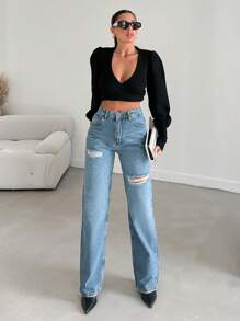 RueChic Jean Droit Déchiré Pour Femme