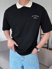DAZY Men's Color-Block Collar Letter Printed Short Sleeve T-Shirt For Summer