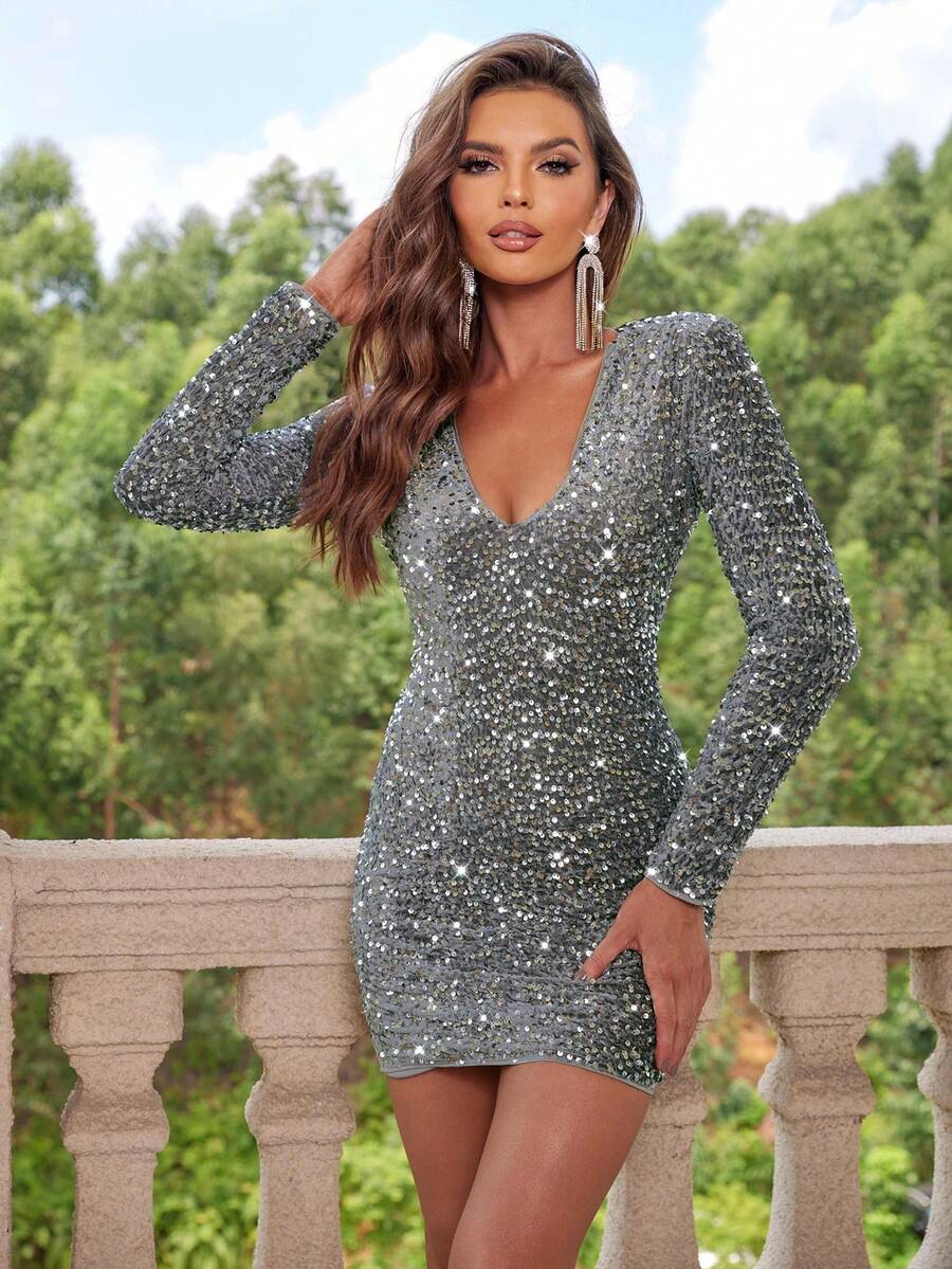 Joyfunear Đầm bodycon cổ chữ V đính sequin, thích hợp cho tiệc tùng và tụ họp, mùa xuân và mùa hè - Xám - Xem 1