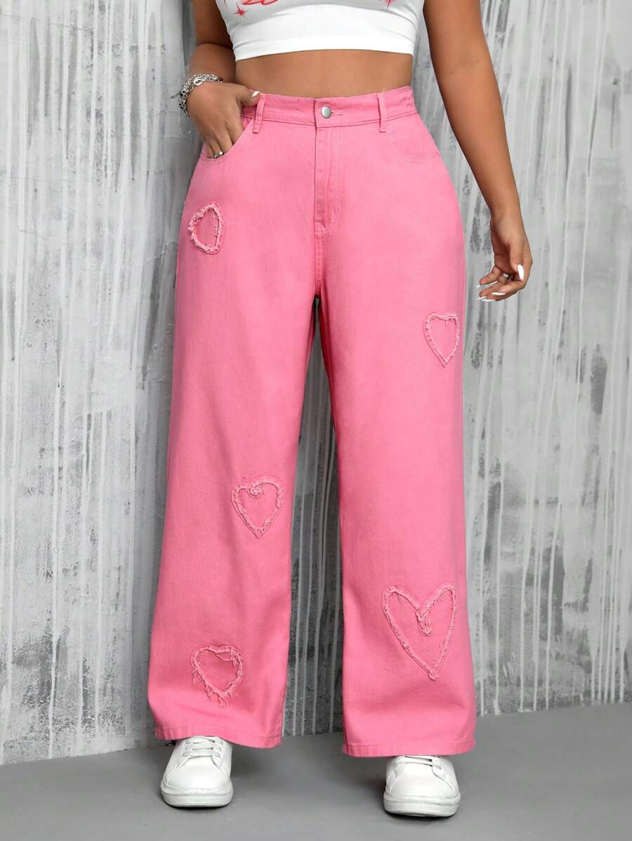 SHEIN EZwear 大尺碼女士毛邊心形貼袋牛仔褲 - 粉色 - 查看 1