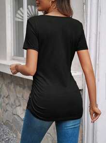 EMERY ROSE 女士夏季純色V領短袖休閒T恤 - 黑色 - 查看 2