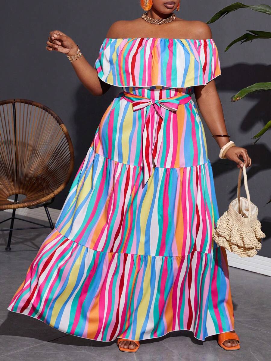 Slaydiva Rainbow Color Stripe Print Plus Size Women Long Dress, Off Shoulder Ruffle Patchwork A-Line Casual Vacation Dress, Pride Month