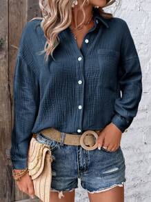 SHEIN LUNE Solid Drop Shoulder Pocket Patched Button Up Shirt,Long Sleeve Tops Fall Cloth For Women - Navy Blue - View 6