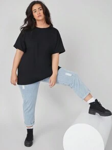 SHEIN BASICS Camiseta De Talla Grande Con Dobladillo Enrollado Y En Color Sólido - Negro - Ver 1