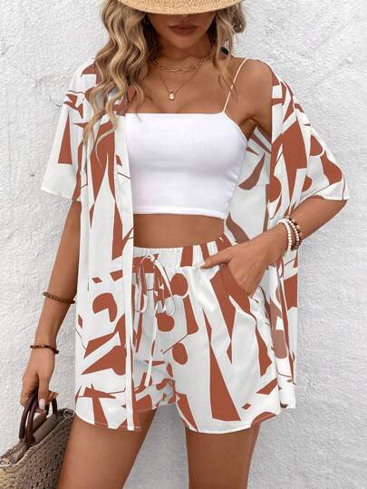 EMERY ROSE Color Blocking Geometric Printed Button Up Short Sleeve Top And Shorts Set For Summer Casual Vacation